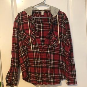 Comfy flannel button up with a hood